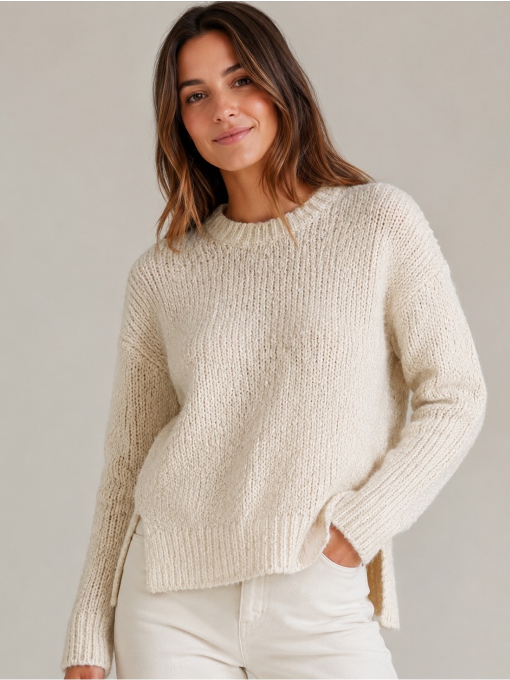 Vince Cream Bouclé Crewneck Sweater with Side Slits
